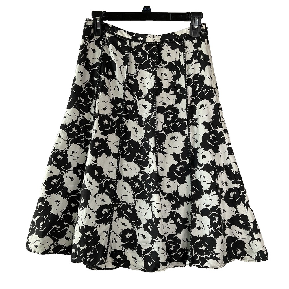 Laura Ashley Silk‎ Black White Floral Panels Fit & Flare Skirt Lined Flowy 4